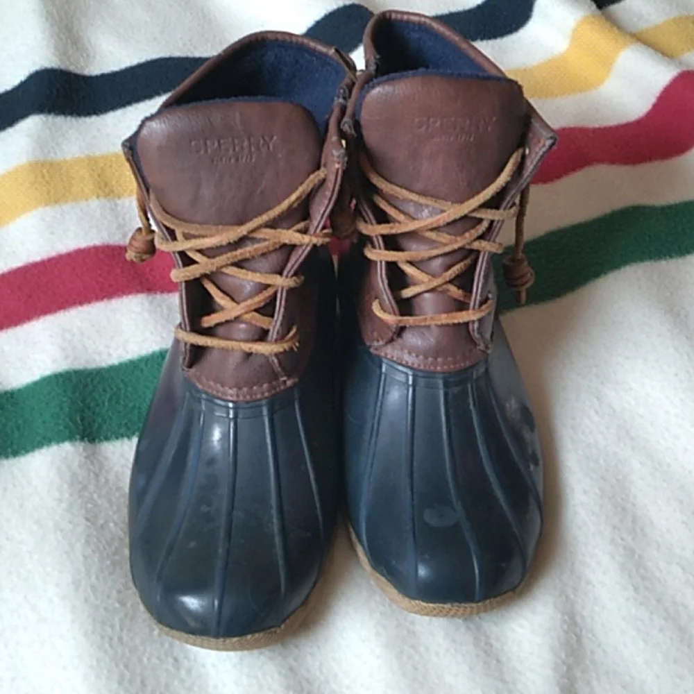 Sperry Kids Brown Leather and Navy Rubber Duck Boots with Tan Soles